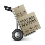 next day delivery cardboard box hand truck shipping online shopping order isolated on white background brown package sending from internet shop or store